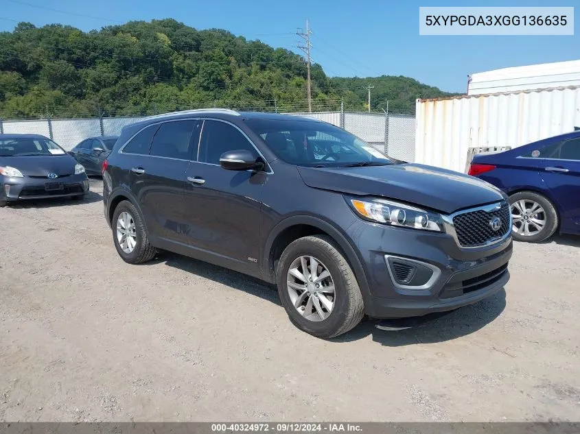 2016 Kia Sorento 2.4L Lx VIN: 5XYPGDA3XGG136635 Lot: 40324972