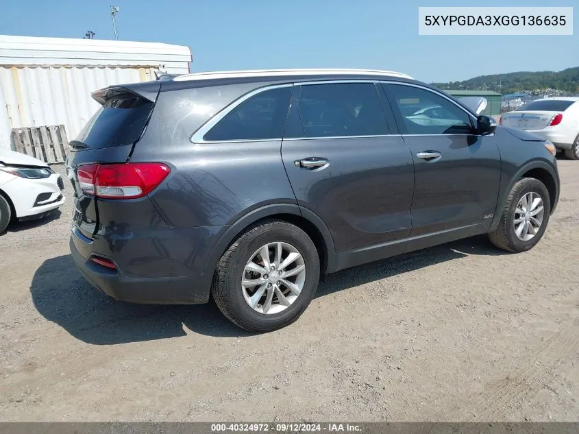 2016 Kia Sorento 2.4L Lx VIN: 5XYPGDA3XGG136635 Lot: 40324972