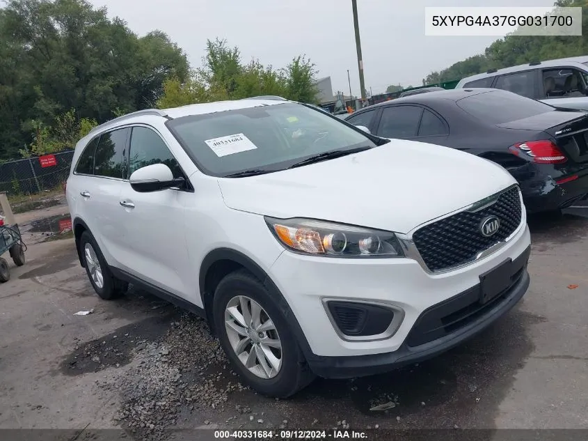 2016 Kia Sorento 2.4L Lx VIN: 5XYPG4A37GG031700 Lot: 40331684