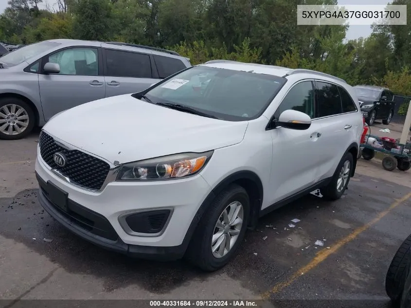 2016 Kia Sorento 2.4L Lx VIN: 5XYPG4A37GG031700 Lot: 40331684