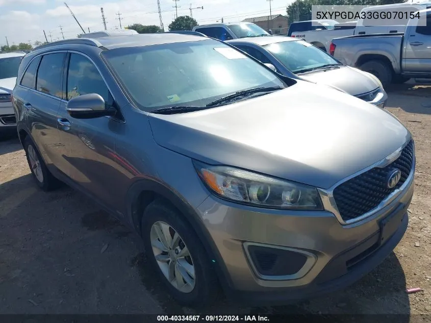 2016 Kia Sorento 2.4L Lx VIN: 5XYPGDA33GG070154 Lot: 40334567