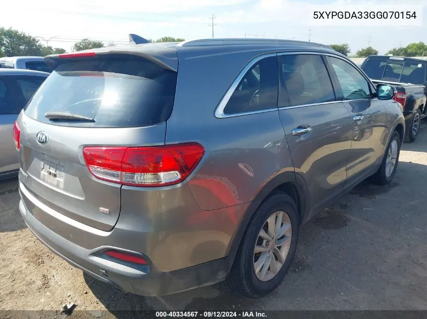 2016 Kia Sorento 2.4L Lx VIN: 5XYPGDA33GG070154 Lot: 40334567