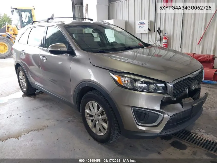 2016 Kia Sorento 2.4L Lx VIN: 5XYPG4A34GG062726 Lot: 40348456