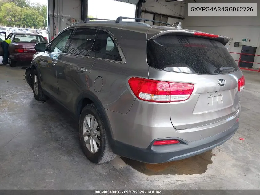 5XYPG4A34GG062726 2016 Kia Sorento 2.4L Lx