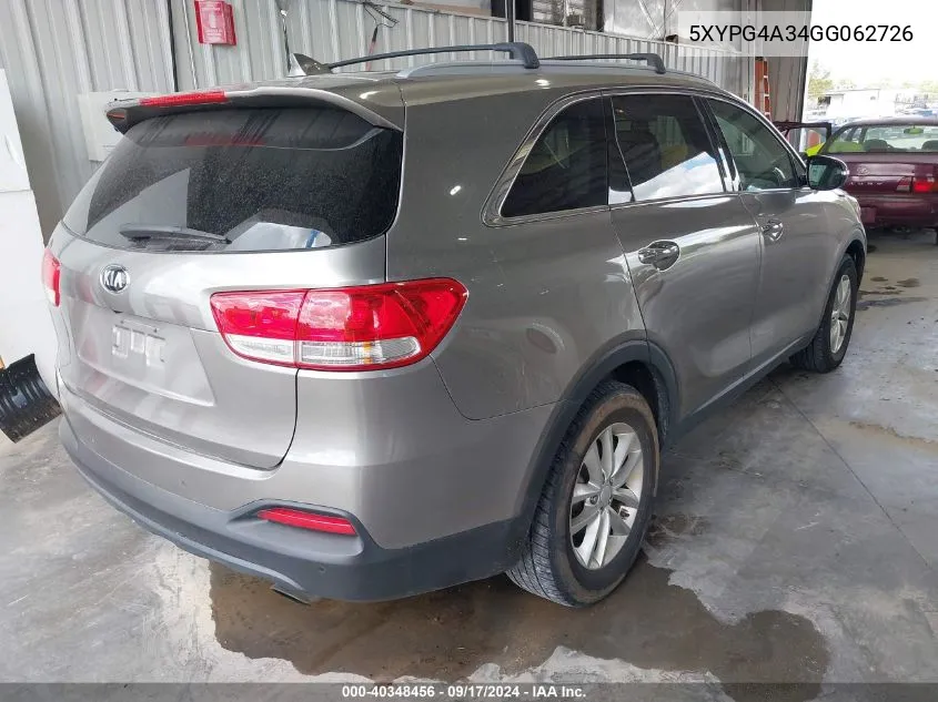 2016 Kia Sorento 2.4L Lx VIN: 5XYPG4A34GG062726 Lot: 40348456