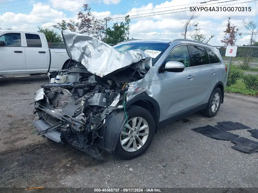 2016 Kia Sorento 2.4L Lx VIN: 5XYPG4A31GG070315 Lot: 40365707