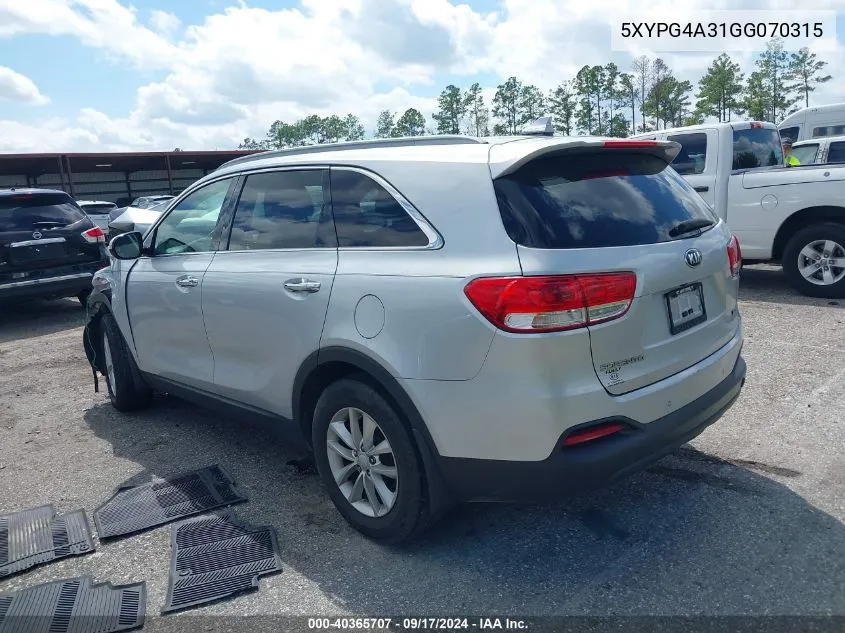 2016 Kia Sorento 2.4L Lx VIN: 5XYPG4A31GG070315 Lot: 40365707