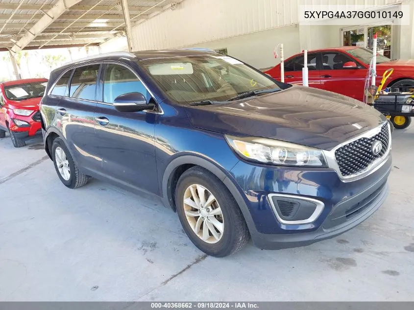 2016 Kia Sorento 2.4L Lx VIN: 5XYPG4A37GG010149 Lot: 40368662