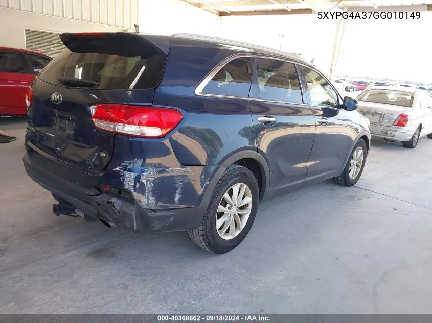 2016 Kia Sorento 2.4L Lx VIN: 5XYPG4A37GG010149 Lot: 40368662