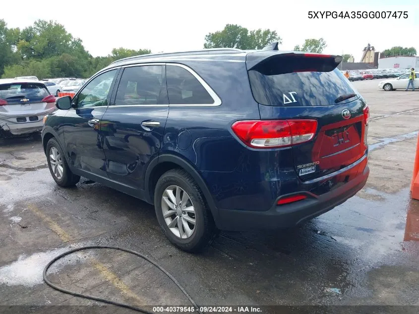 5XYPG4A35GG007475 2016 Kia Sorento 2.4L Lx