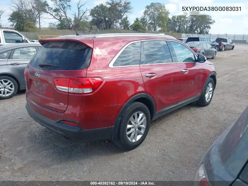 2016 Kia Sorento 2.4L Lx VIN: 5XYPGDA38GG083031 Lot: 40382162