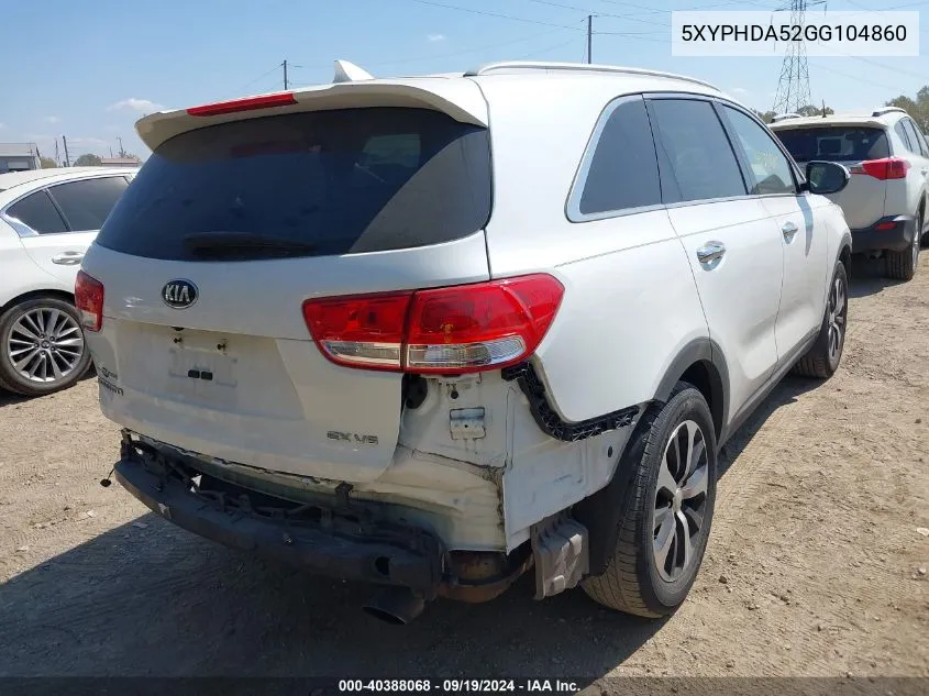 2016 Kia Sorento 3.3L Ex VIN: 5XYPHDA52GG104860 Lot: 40388068