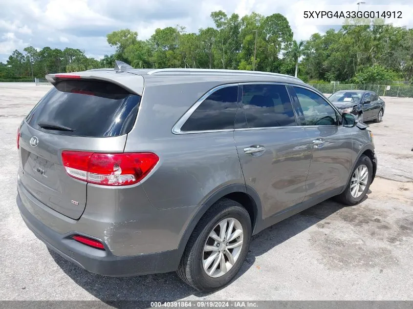 2016 Kia Sorento 2.4L Lx VIN: 5XYPG4A33GG014912 Lot: 40391864