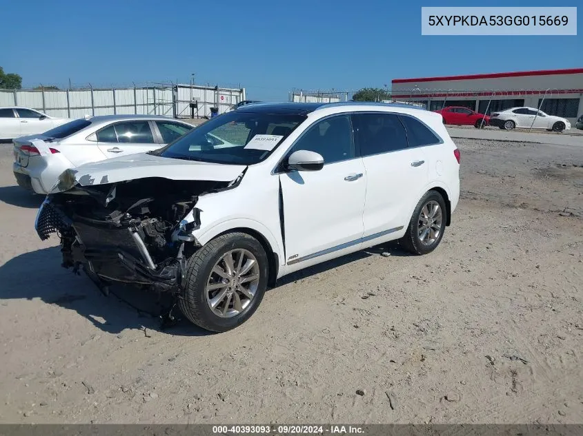 2016 Kia Sorento 3.3L Sxl VIN: 5XYPKDA53GG015669 Lot: 40393093