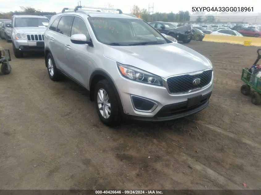 2016 Kia Sorento 2.4L Lx VIN: 5XYPG4A33GG018961 Lot: 40426646