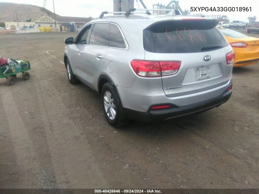 2016 Kia Sorento 2.4L Lx VIN: 5XYPG4A33GG018961 Lot: 40426646