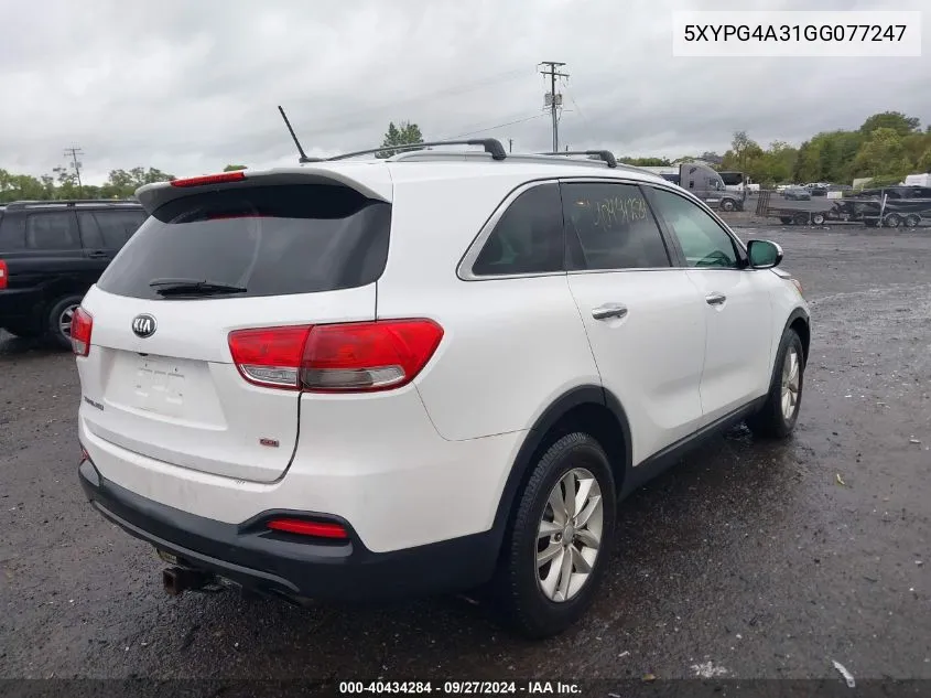 2016 Kia Sorento 2.4L Lx VIN: 5XYPG4A31GG077247 Lot: 40434284