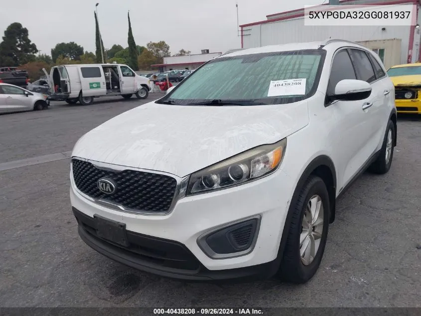 2016 Kia Sorento Lx/L VIN: 5XYPGDA32GG081937 Lot: 40438208