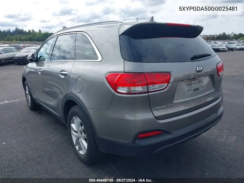 2016 Kia Sorento 3.3L Lx VIN: 5XYPGDA50GG025481 Lot: 40449749