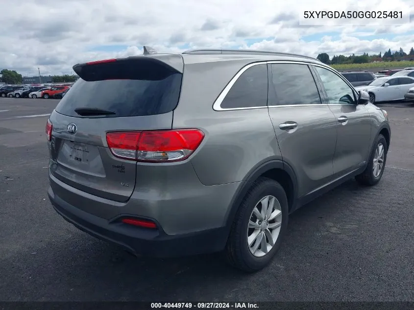 2016 Kia Sorento 3.3L Lx VIN: 5XYPGDA50GG025481 Lot: 40449749