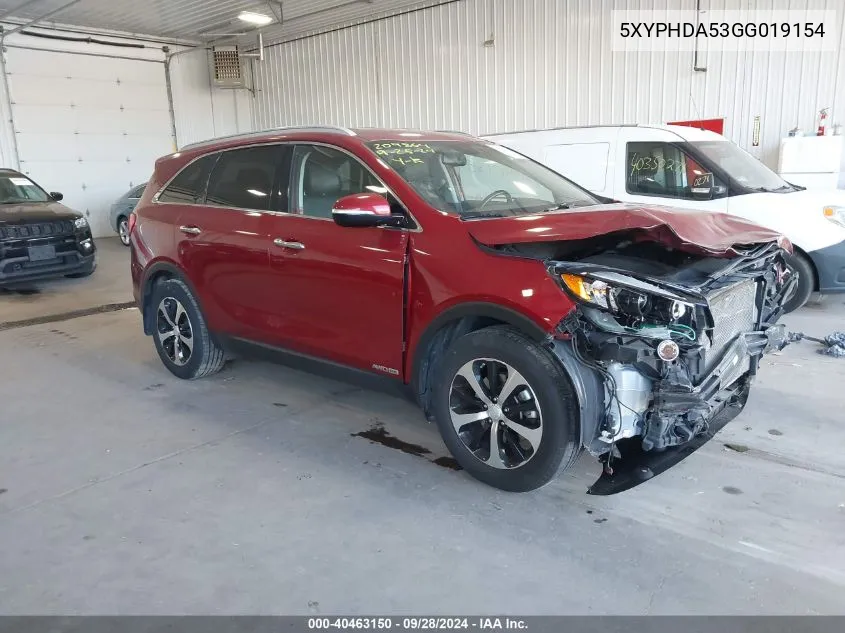 2016 Kia Sorento Ex VIN: 5XYPHDA53GG019154 Lot: 40463150