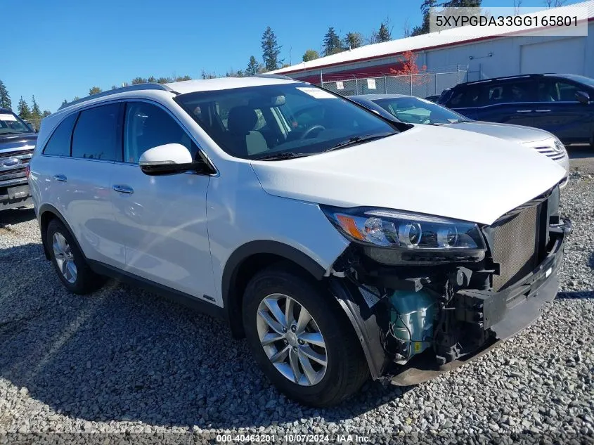 2016 Kia Sorento 2.4L Lx VIN: 5XYPGDA33GG165801 Lot: 40463201