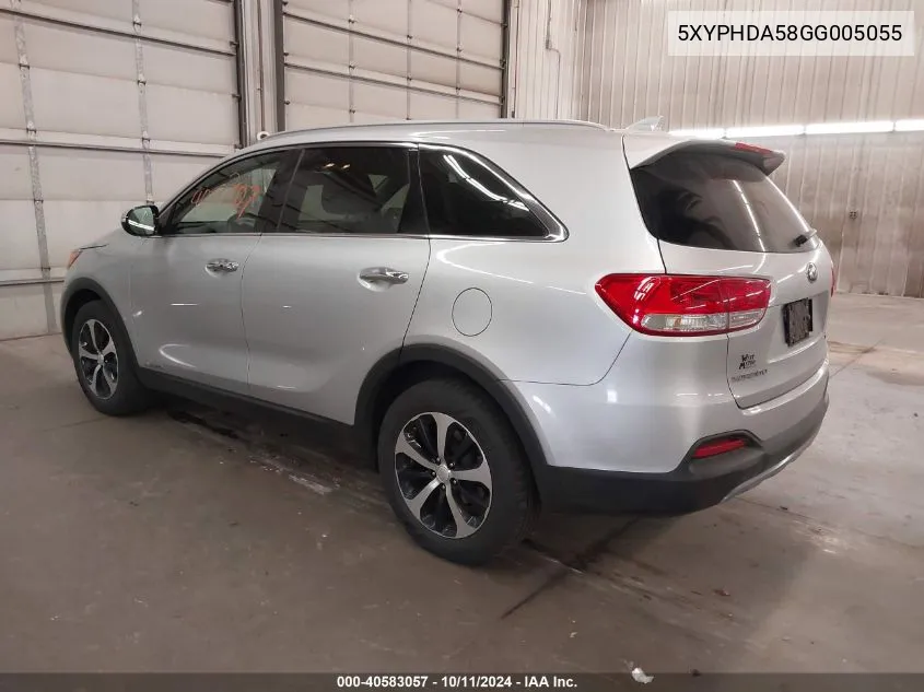 2016 Kia Sorento 3.3L Ex VIN: 5XYPHDA58GG005055 Lot: 40583057