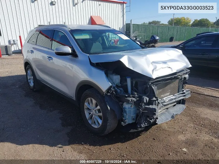 2016 Kia Sorento 2.4L Lx VIN: 5XYPGDA33GG003523 Lot: 40587228