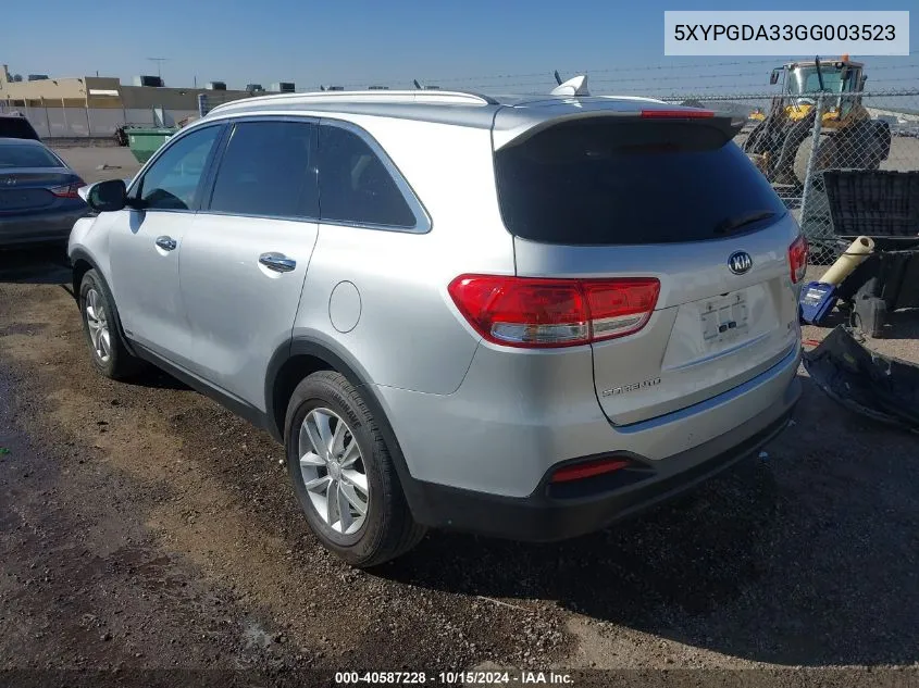 2016 Kia Sorento 2.4L Lx VIN: 5XYPGDA33GG003523 Lot: 40587228