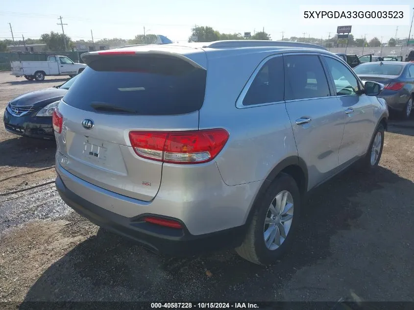 2016 Kia Sorento 2.4L Lx VIN: 5XYPGDA33GG003523 Lot: 40587228