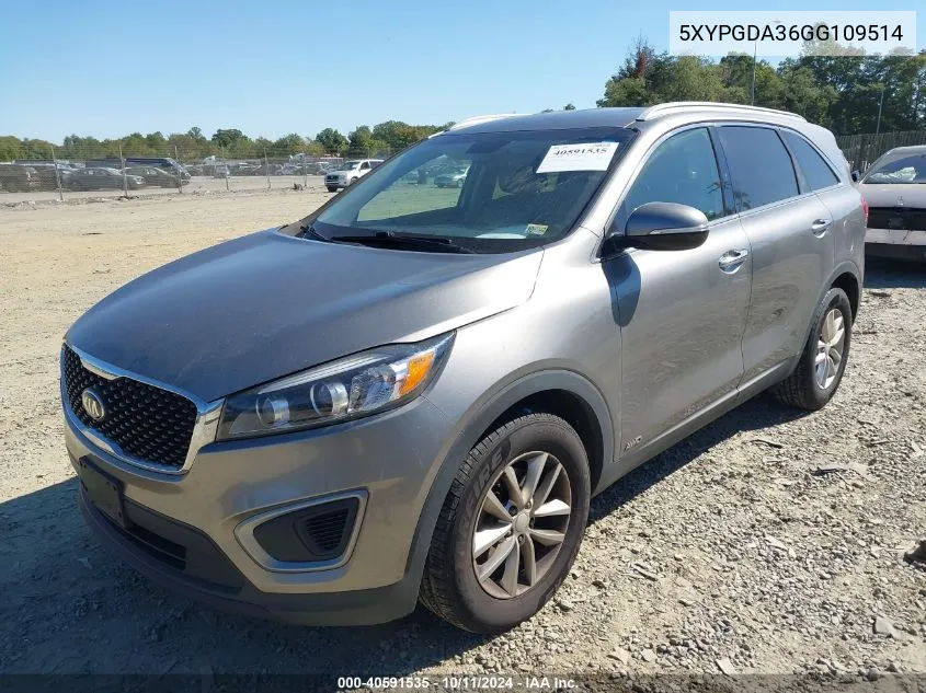 2016 Kia Sorento 2.4L Lx VIN: 5XYPGDA36GG109514 Lot: 40591535