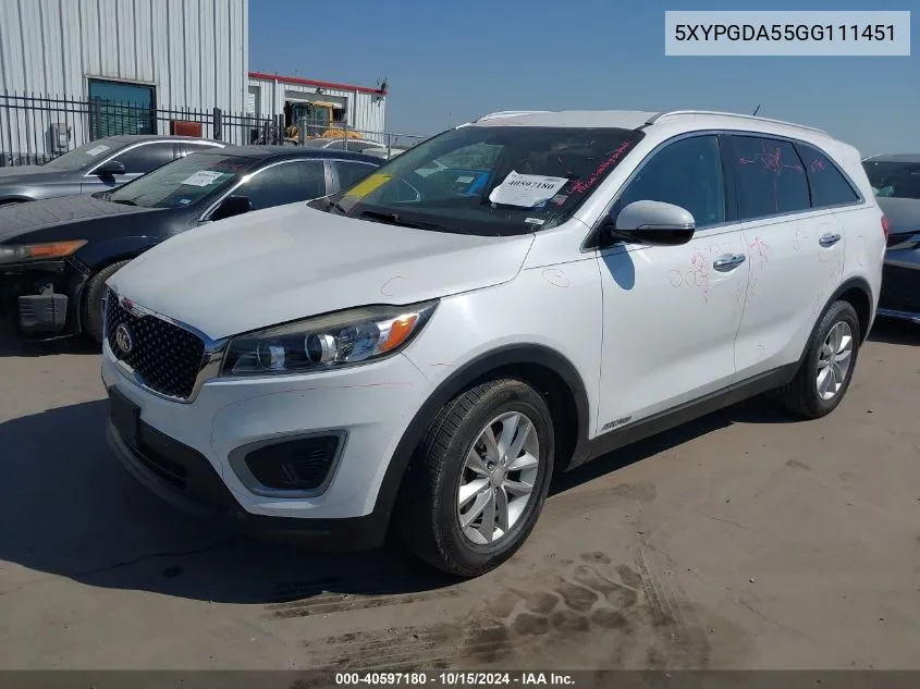 2016 Kia Sorento 3.3L Lx VIN: 5XYPGDA55GG111451 Lot: 40597180