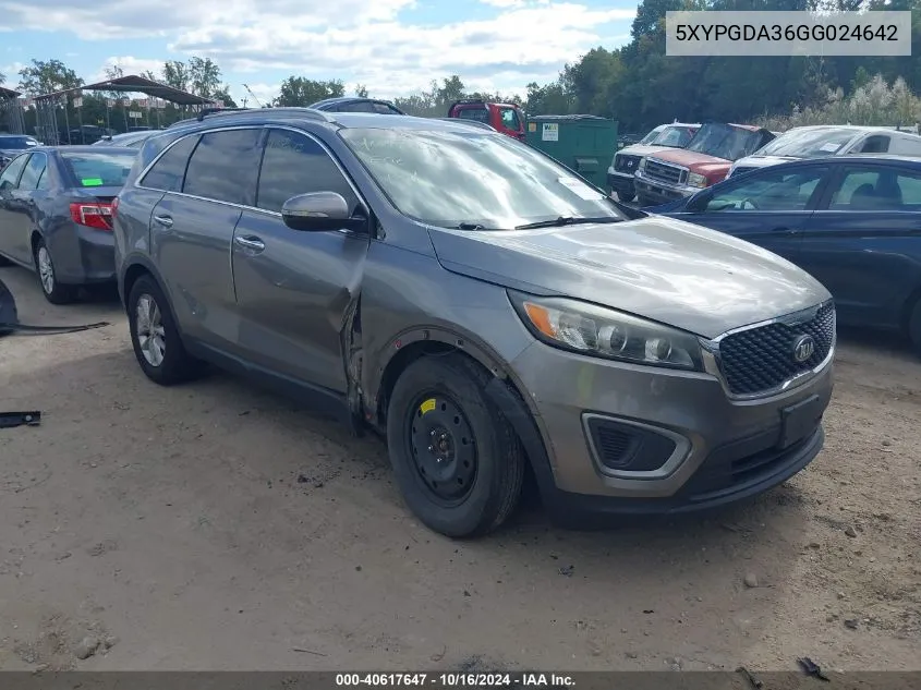 2016 Kia Sorento 2.4L Lx VIN: 5XYPGDA36GG024642 Lot: 40617647