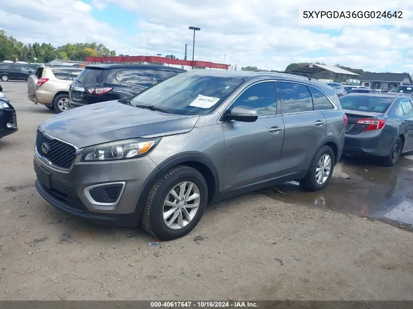 2016 Kia Sorento 2.4L Lx VIN: 5XYPGDA36GG024642 Lot: 40617647