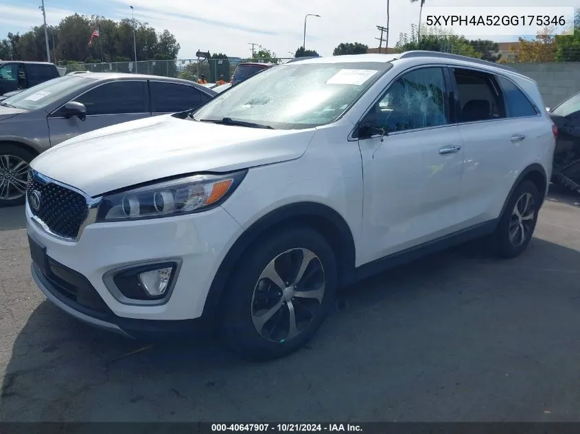 2016 Kia Sorento 3.3L Ex VIN: 5XYPH4A52GG175346 Lot: 40647907