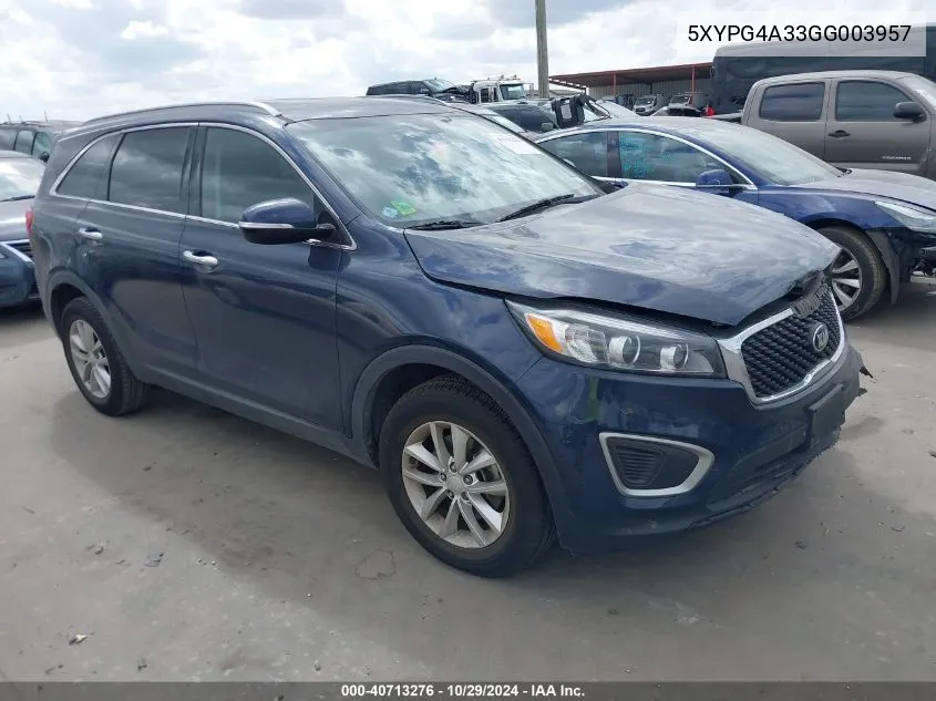 2016 Kia Sorento 2.4L Lx VIN: 5XYPG4A33GG003957 Lot: 40713276