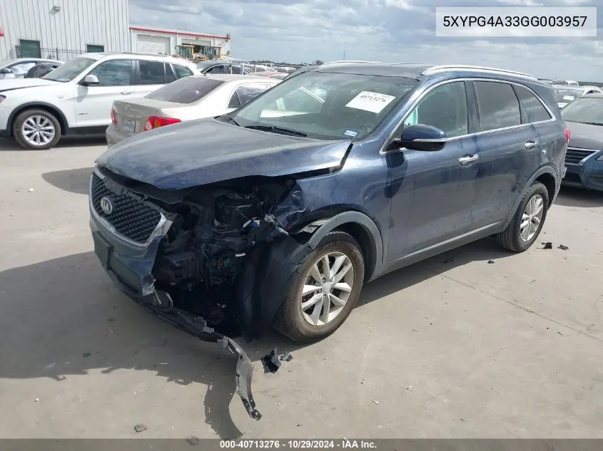 2016 Kia Sorento 2.4L Lx VIN: 5XYPG4A33GG003957 Lot: 40713276