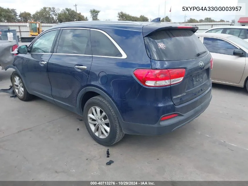 2016 Kia Sorento 2.4L Lx VIN: 5XYPG4A33GG003957 Lot: 40713276