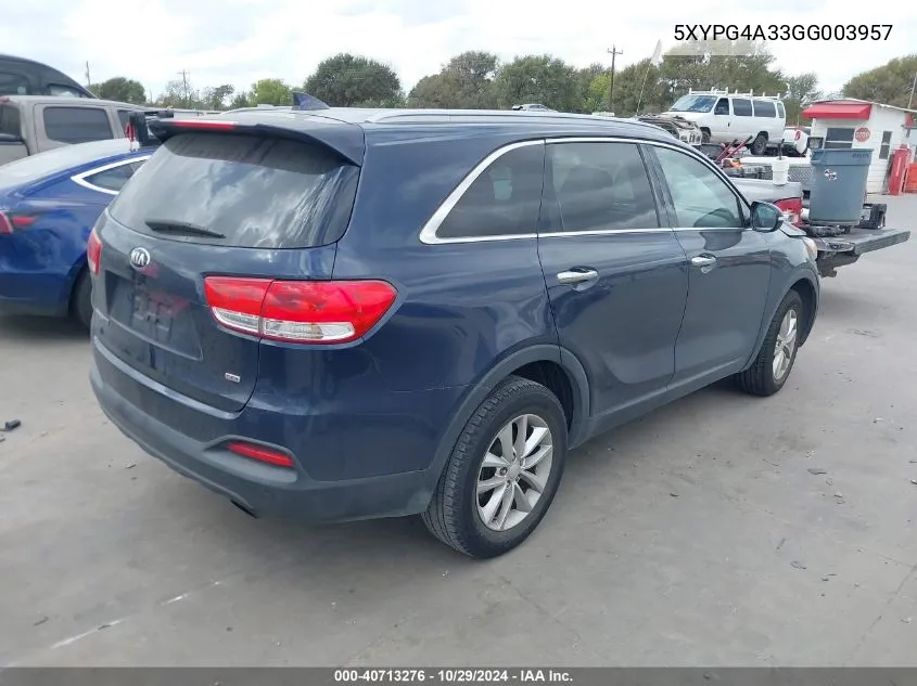 2016 Kia Sorento 2.4L Lx VIN: 5XYPG4A33GG003957 Lot: 40713276