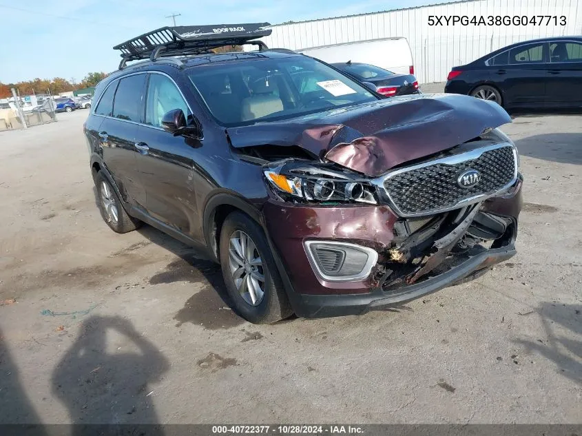 2016 Kia Sorento 2.4L Lx VIN: 5XYPG4A38GG047713 Lot: 40722377