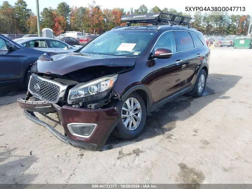 2016 Kia Sorento 2.4L Lx VIN: 5XYPG4A38GG047713 Lot: 40722377