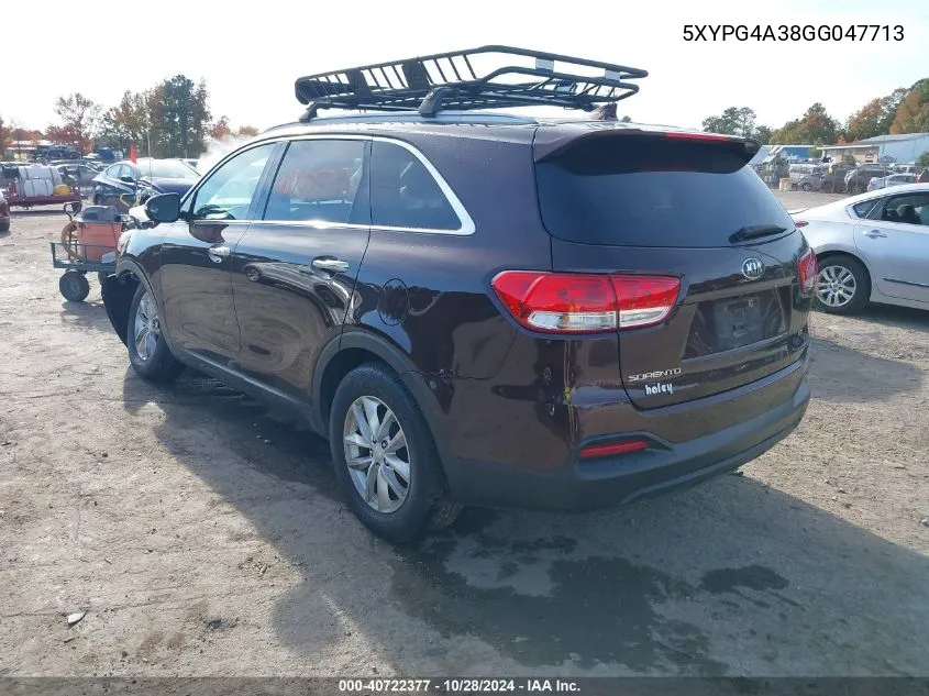 2016 Kia Sorento 2.4L Lx VIN: 5XYPG4A38GG047713 Lot: 40722377