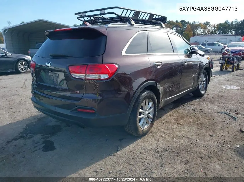 2016 Kia Sorento 2.4L Lx VIN: 5XYPG4A38GG047713 Lot: 40722377