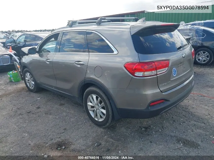 2016 Kia Sorento 2.4L Lx VIN: 5XYPGDA35GG078594 Lot: 40766016