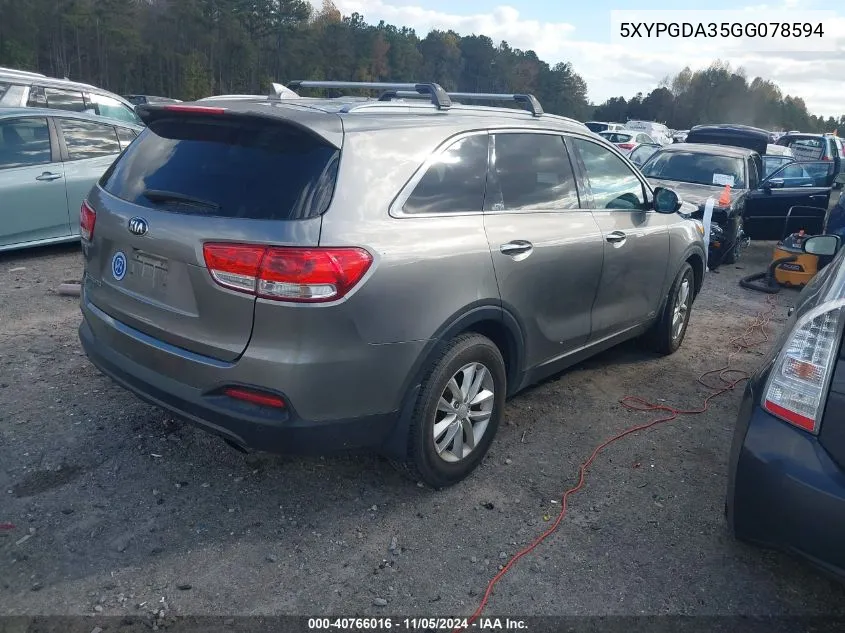 2016 Kia Sorento 2.4L Lx VIN: 5XYPGDA35GG078594 Lot: 40766016