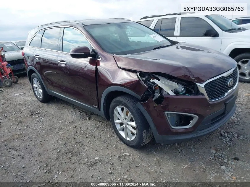 2016 Kia Sorento 2.4L Lx VIN: 5XYPGDA33GG065763 Lot: 40809566