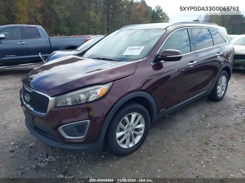 2016 Kia Sorento 2.4L Lx VIN: 5XYPGDA33GG065763 Lot: 40809566