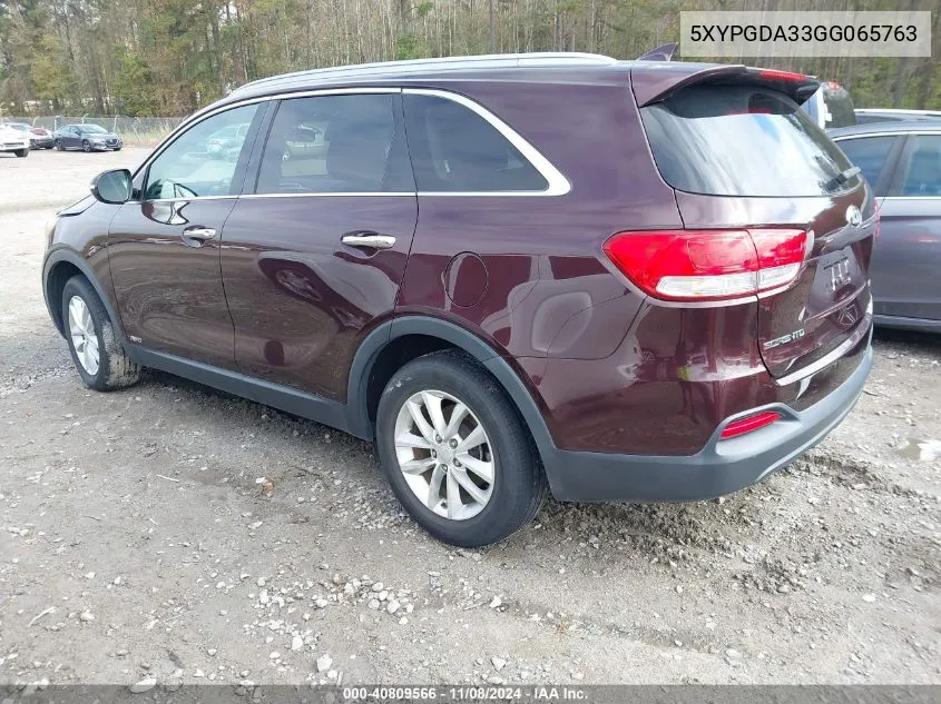 2016 Kia Sorento 2.4L Lx VIN: 5XYPGDA33GG065763 Lot: 40809566