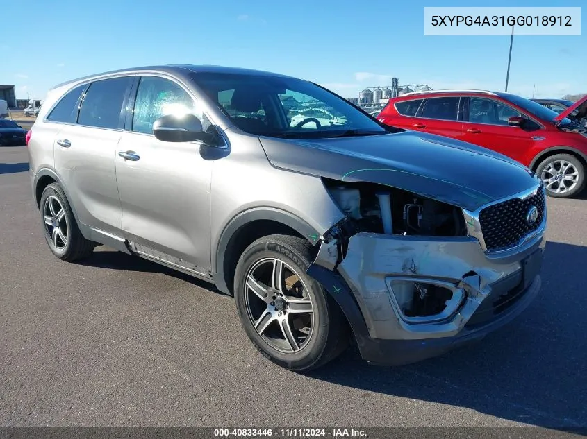 2016 Kia Sorento 2.4L L VIN: 5XYPG4A31GG018912 Lot: 40833446