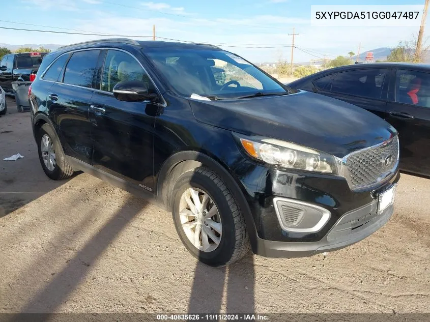 2016 Kia Sorento 3.3L Lx VIN: 5XYPGDA51GG047487 Lot: 40835626